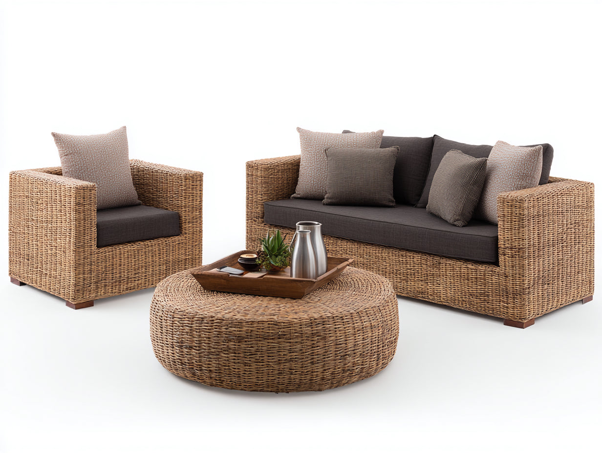 Canapé de jardin en résine tressée 230x90x78 cm - rotin naturel-marron - avec fauteuil et table ronde