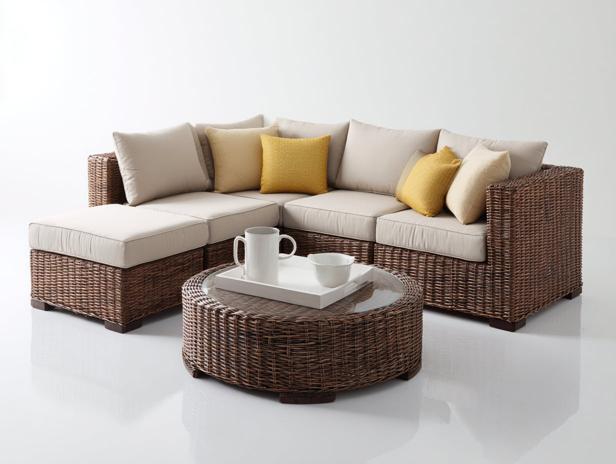 Canapé de jardin d'angle en résine tressée 250x250x75 cm - brun et beige - avec table ronde