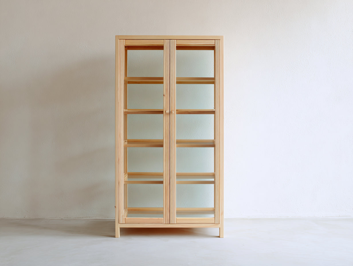 Bibliothèque vitrée 110x35x160 cm - bois clair - 2 portes vitrées et étagères intérieures