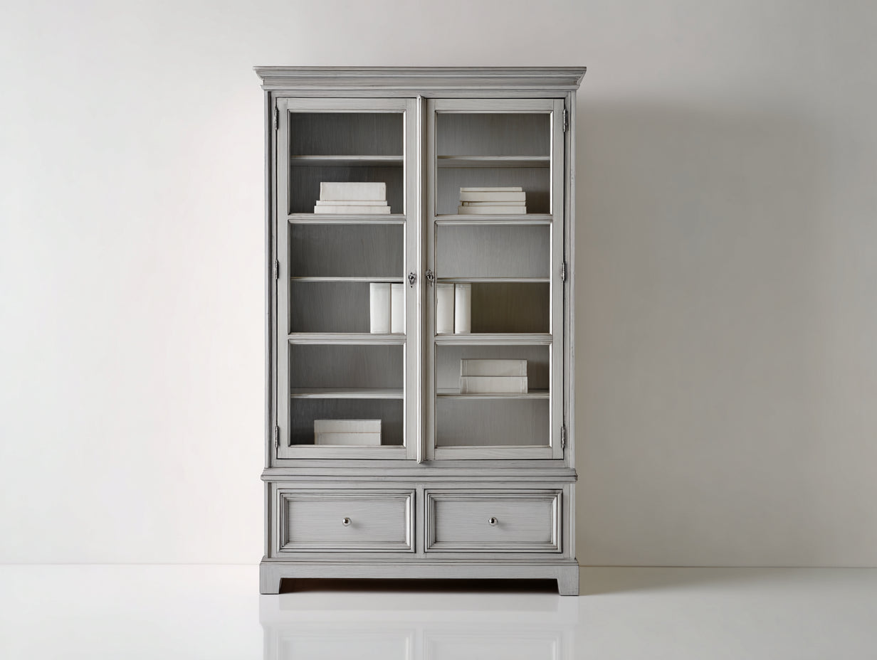 Bibliothèque vitrée 120x40x190 cm - bois gris clair - 2 portes vitrées et 2 tiroirs