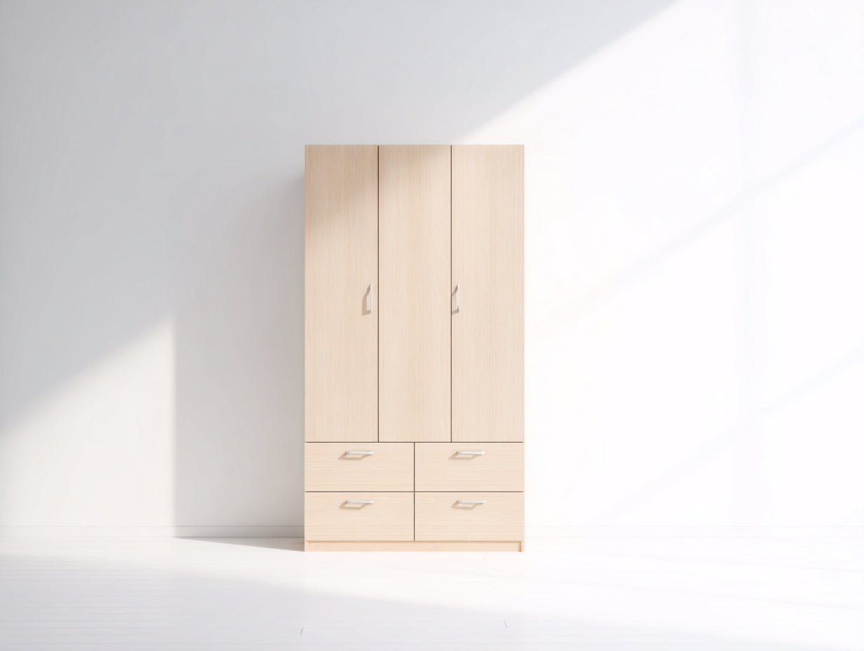 Armoire 3 portes avec 4 tiroirs en bois 100x50x190 cm - bois clair - style moderne
