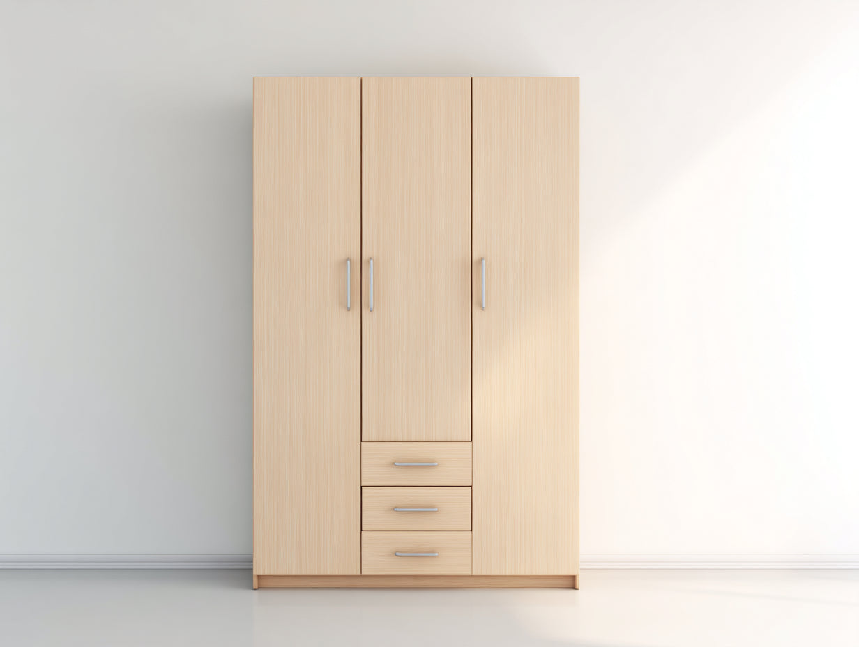 Armoire 3 portes avec 3 tiroirs en bois 120x50x190 cm - bois clair - style moderne