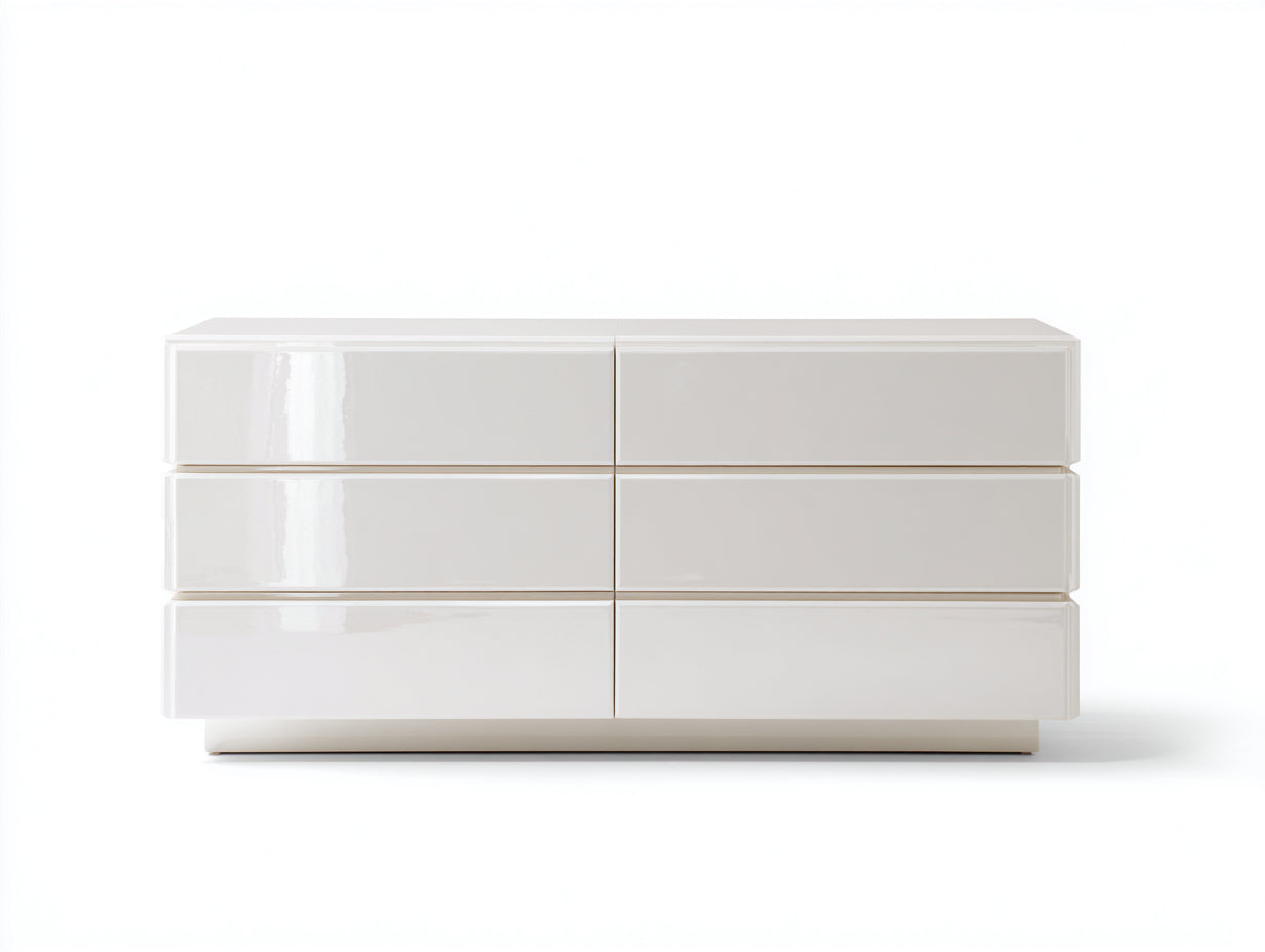 Commode en bois d'ingénierie 160x45x78 cm - blanc brillant - 6 tiroirs sans poignées