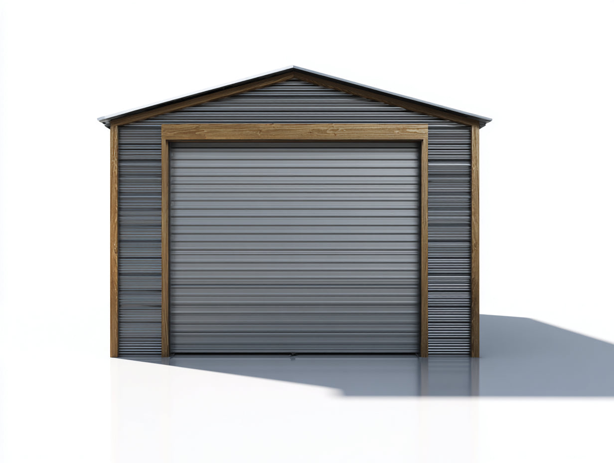 Abri de jardin en métal 360x300x240 cm - gris-bois naturel - porte enroulable et toit à deux pentes