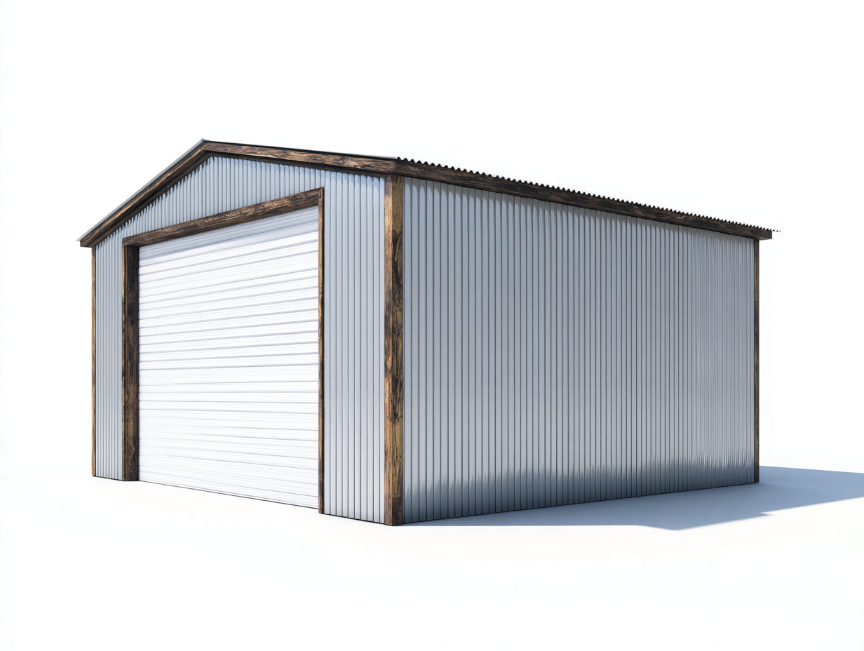 Abri de jardin - métal nervuré et cadre en bois - 340x260x230 cm - gris clair-blanc-bois foncé - porte enroulable pour extérieur