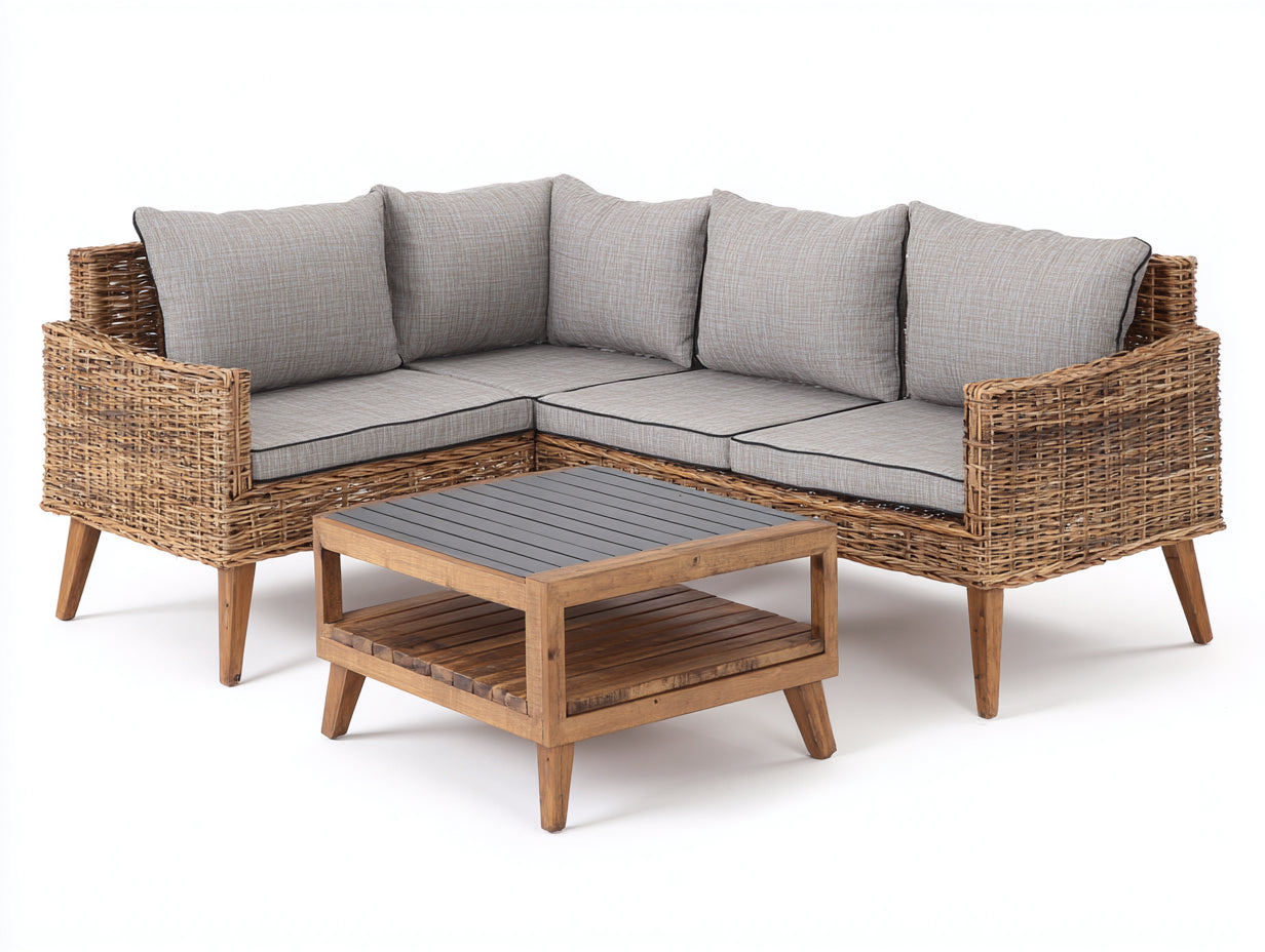 Canapé de jardin d'angle en résine tressée et bois 220x220x82 cm - brun et gris - avec table basse pour terrasse