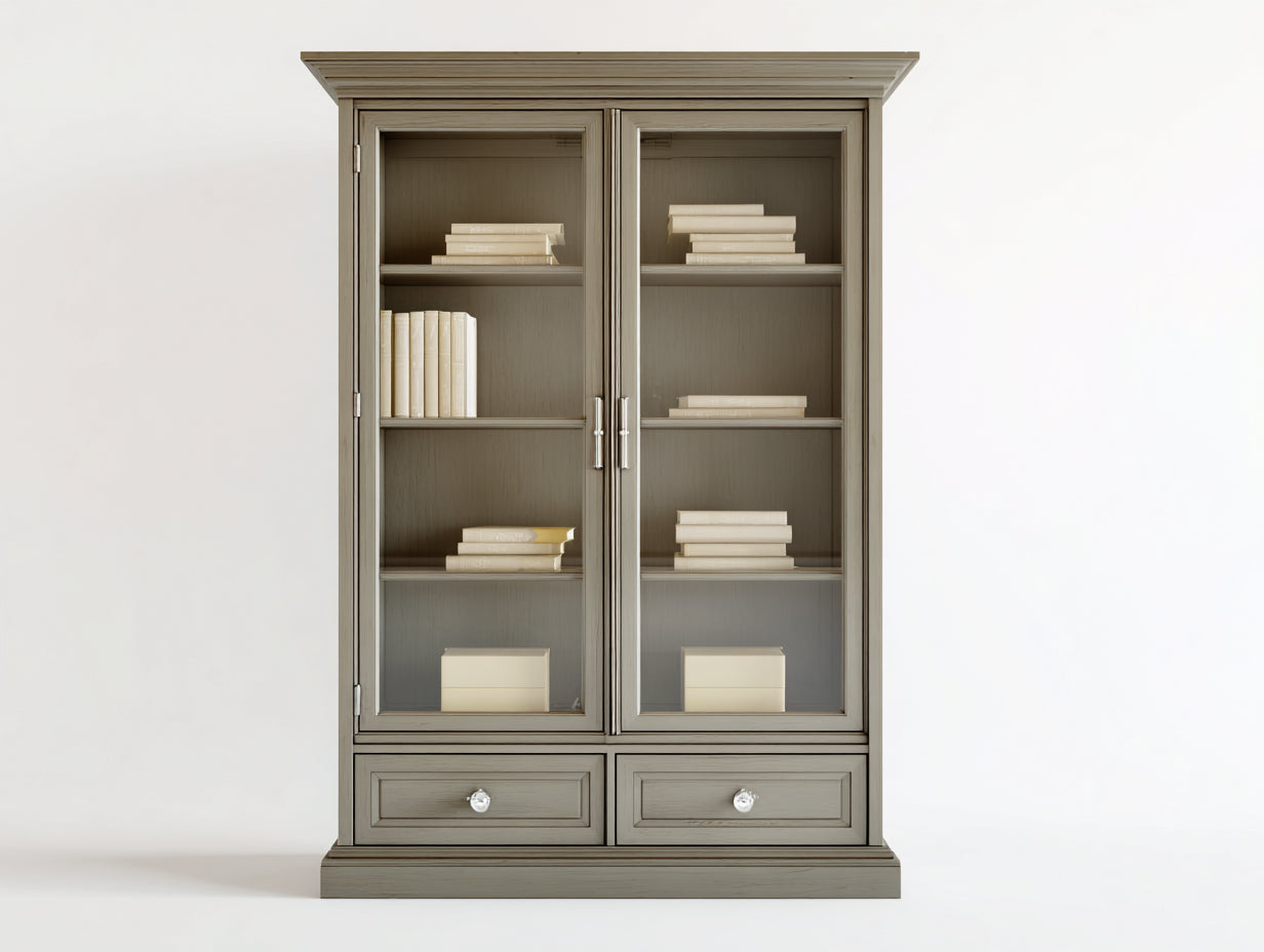 Bibliothèque en bois d'ingénierie et verre 105x42x195 cm - gris taupe - 2 portes vitrées et 2 tiroirs