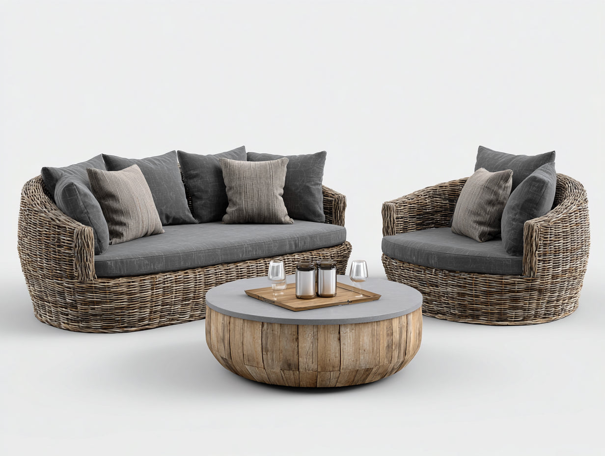 Canapé de jardin - résine tressée et bois - 240x95x76 cm - rotin naturel-gris-bois naturel - avec fauteuil et table basse