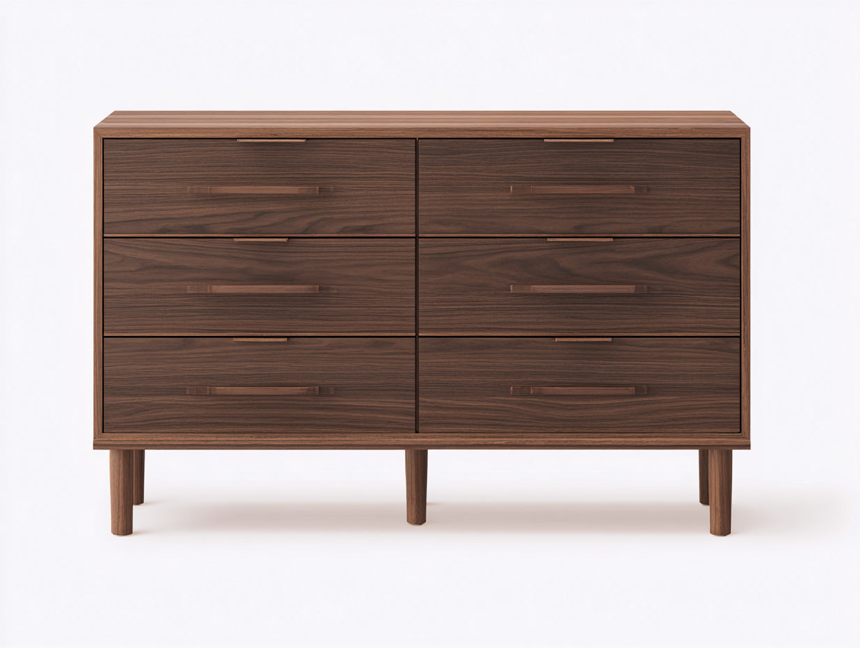 Commode en bois d'ingénierie 140x45x88 cm - brun noyer - 6 tiroirs avec pieds surélevés