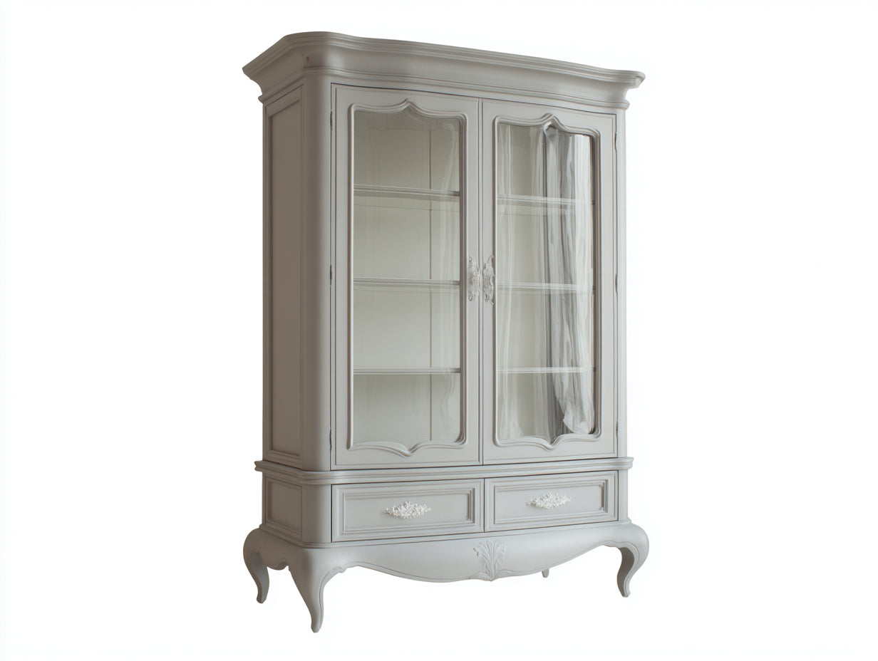 Bibliothèque - bois et verre - 115x45x195 cm - blanc cassé-transparent - 2 portes vitrées 2 tiroirs style classique
