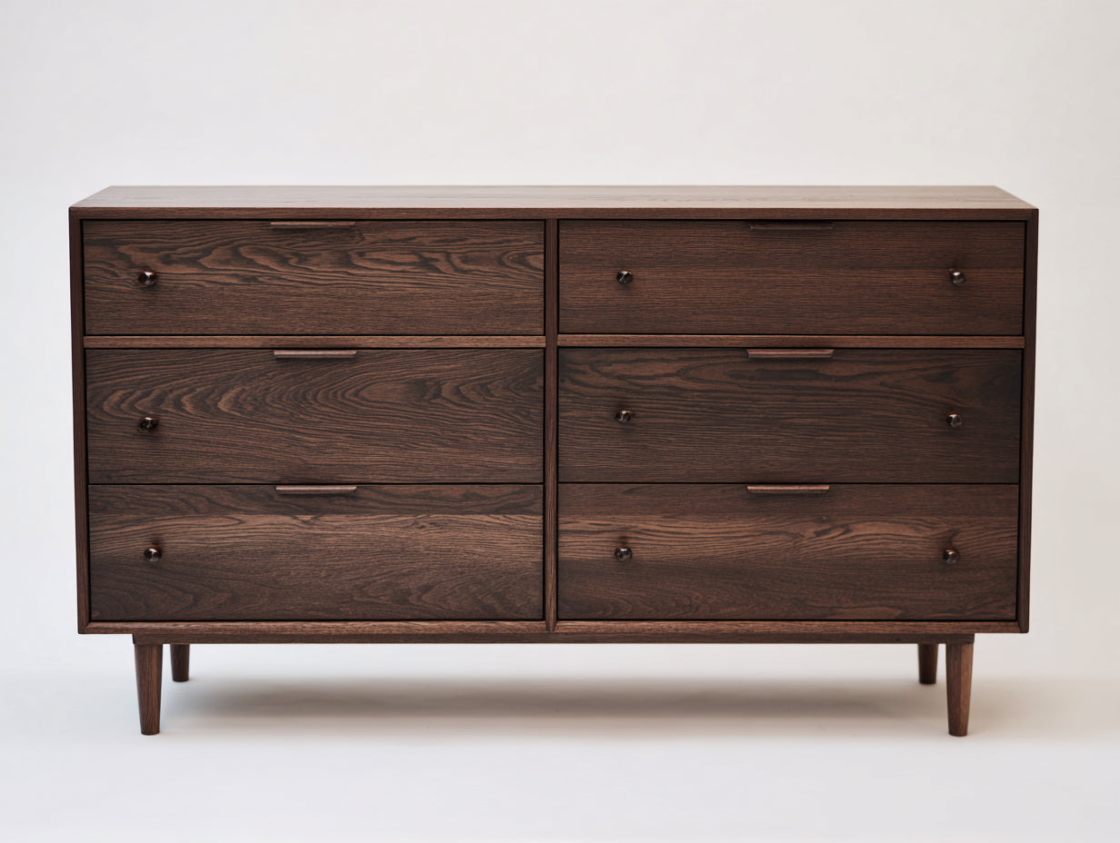 Commode 6 tiroirs en bois d'ingénierie 150x45x85 cm - brun foncé - pieds fuselés style moderne pour chambre