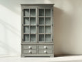 Bibliothèque - bois peint et verre - 120x42x190 cm - gris vieilli-transparent-blanc - 2 portes vitrées 4 tiroirs style campagne