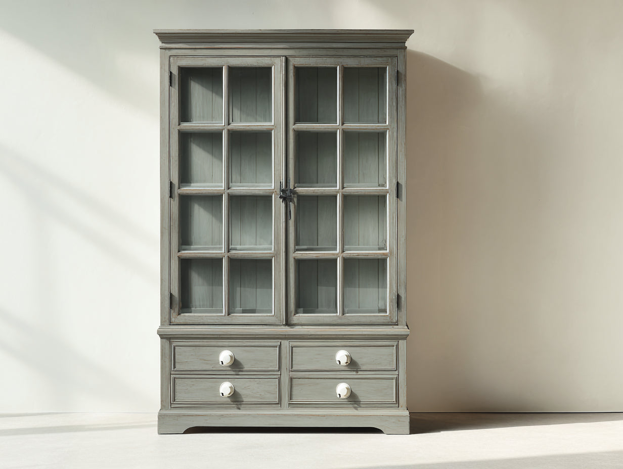 Bibliothèque - bois peint et verre - 120x42x190 cm - gris vieilli-transparent-blanc - 2 portes vitrées 4 tiroirs style campagne