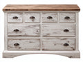 Commode 8 tiroirs en bois 140x45x85 cm - blanc vieilli et bois naturel - style rustique