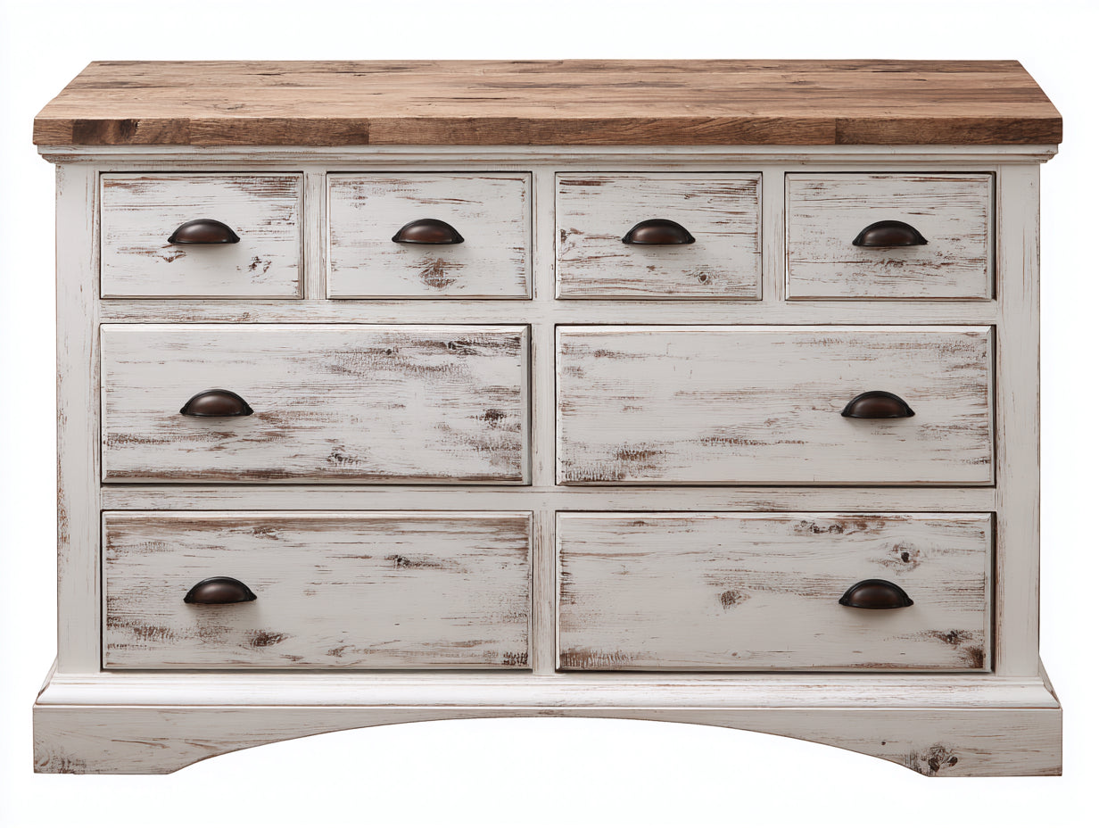 Commode 8 tiroirs en bois 140x45x85 cm - blanc vieilli et bois naturel - style rustique