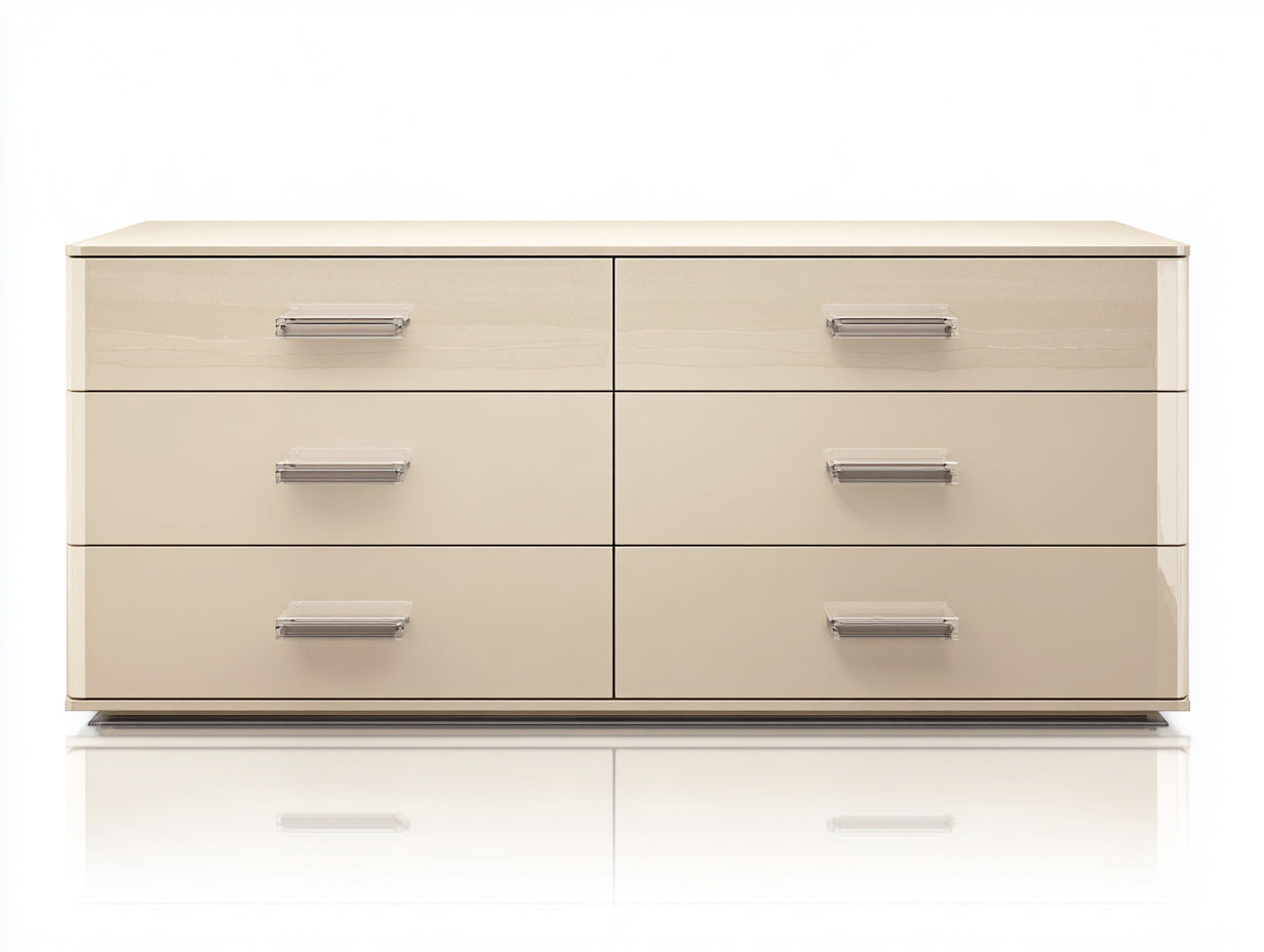 Commode - panneau de bois laqué - 140x45x75 cm - beige brillant-transparent - 6 tiroirs pour chambre
