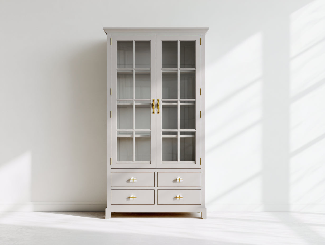 Bibliothèque - bois peint et verre - 95x40x185 cm - blanc cassé-transparent-doré - 2 portes vitrées 4 tiroirs style classique