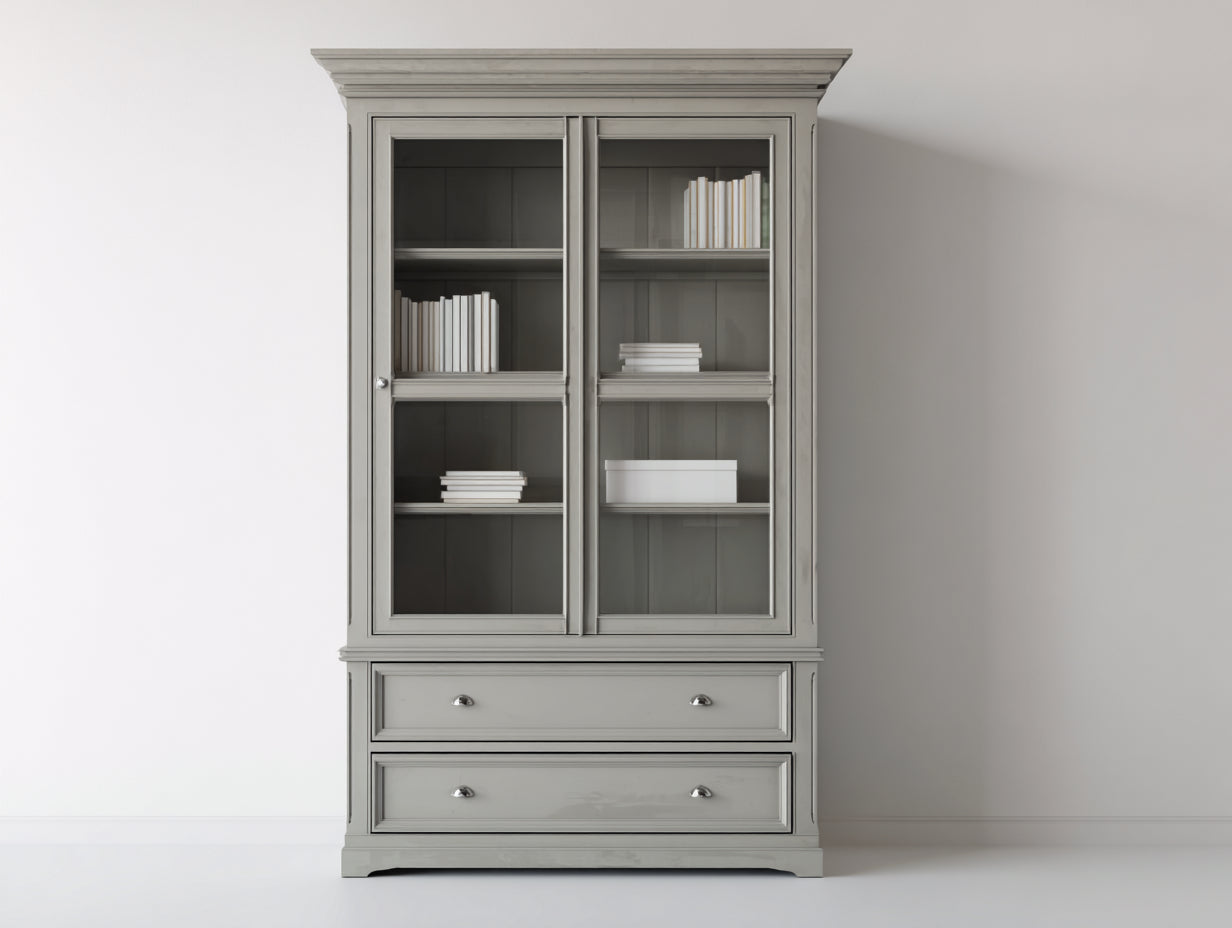Bibliothèque en bois d'ingénierie et verre 110x45x200 cm - gris sauge - 2 portes vitrées et 2 tiroirs