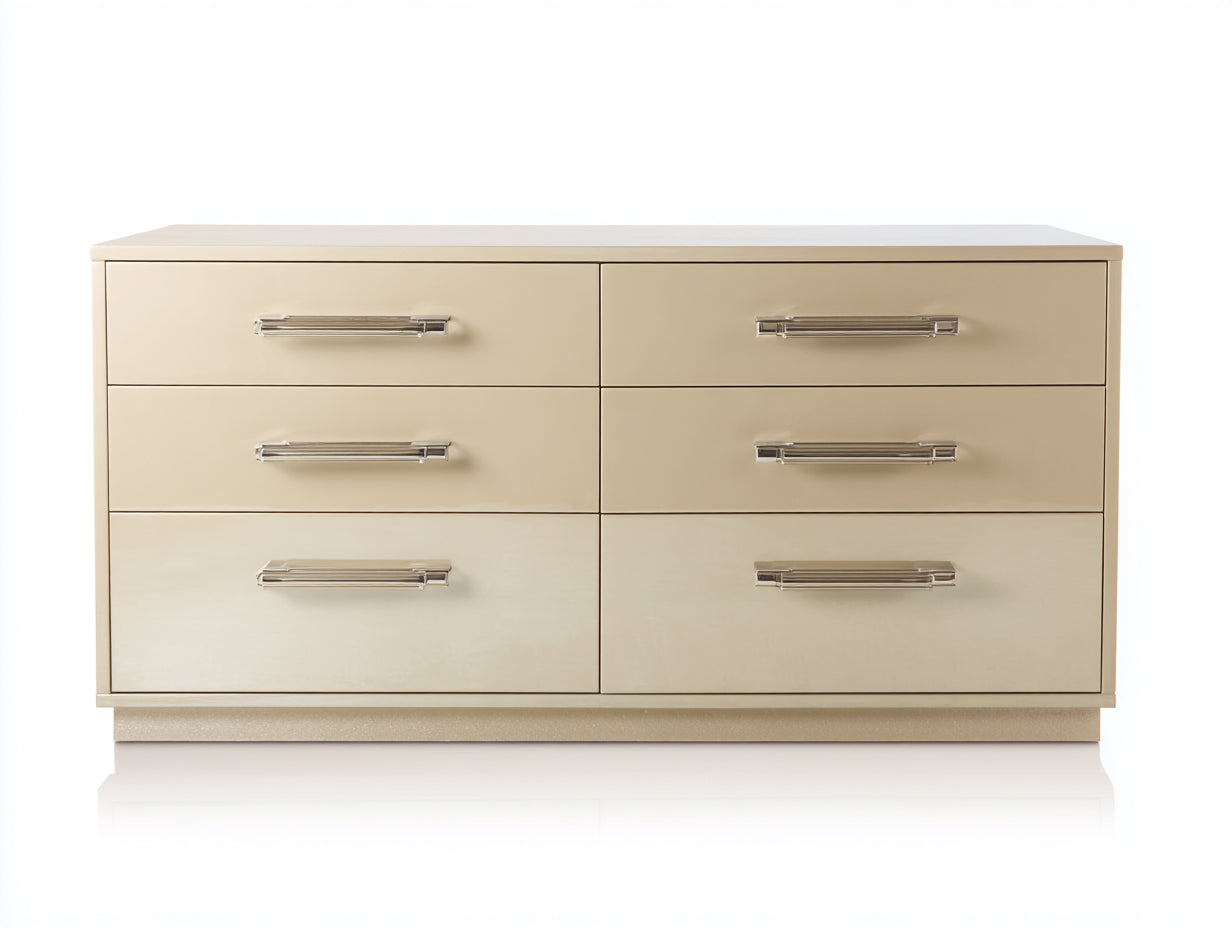 Commode 6 tiroirs en bois d'ingénierie 140x45x80 cm - beige champagne - poignées métalliques modernes pour chambre