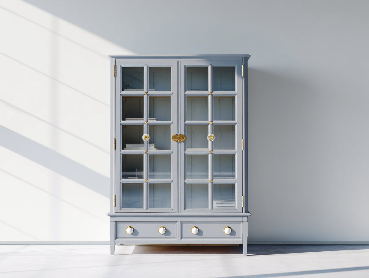 Vitrine 2 portes vitrées 2 tiroirs en bois d'ingénierie et verre 110x45x185 cm - gris clair - style classique pour cuisine