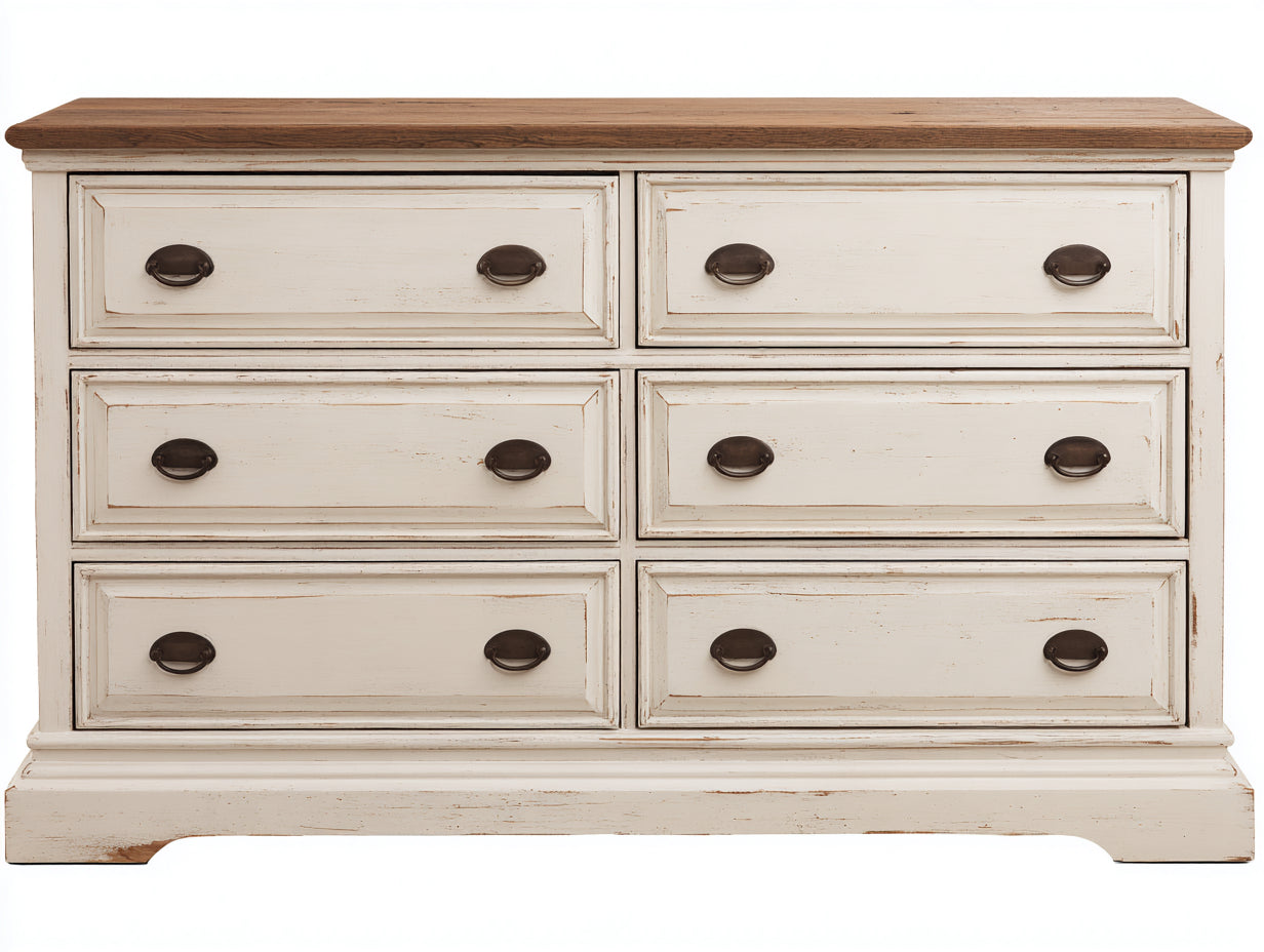 Commode à 6 tiroirs en panneaux de bois 160x45x86 cm - blanc vieilli-marron - style campagne
