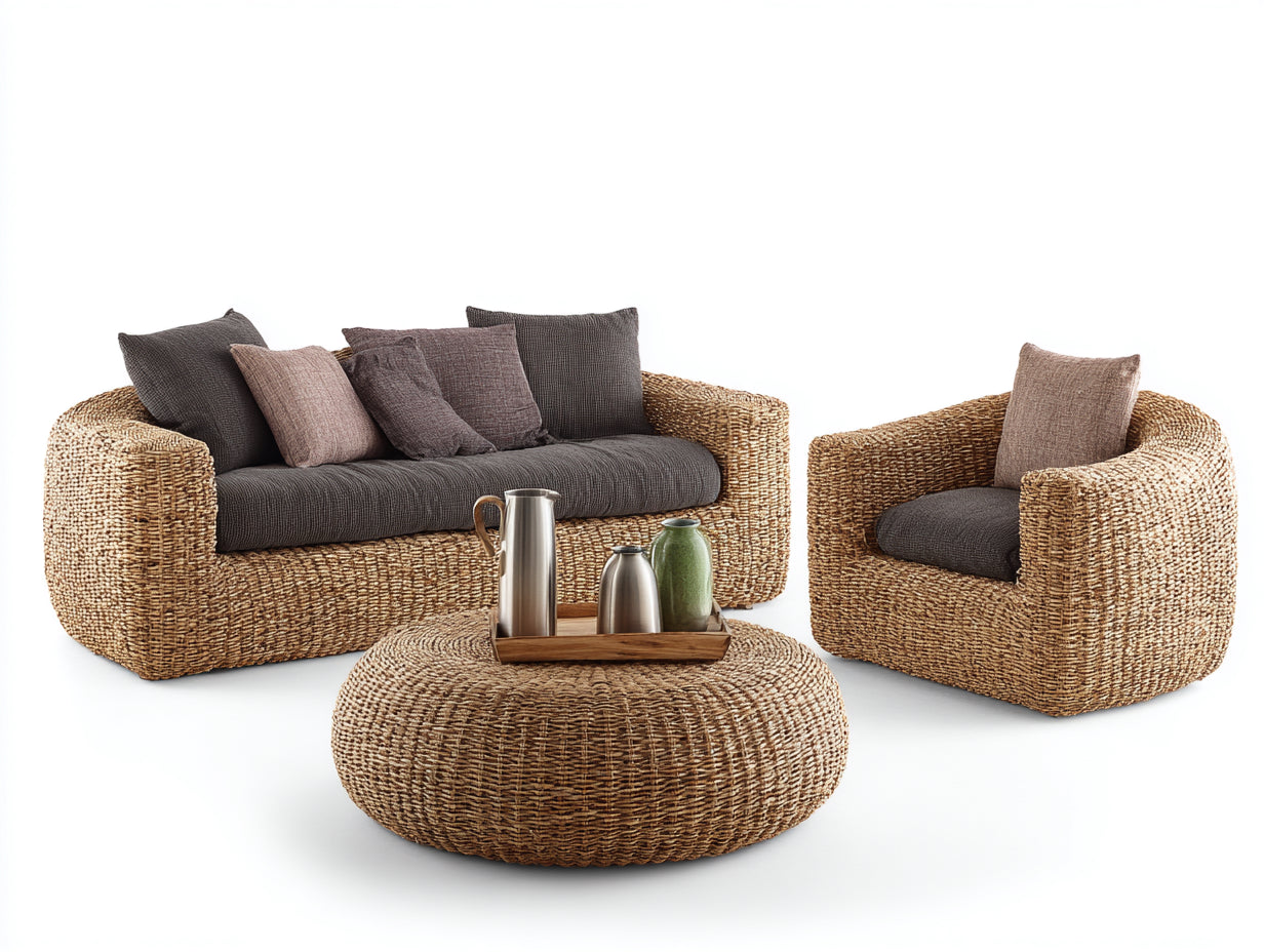 Canapé de jardin 240x90x70 cm - résine tressée beige et assise gris foncé - avec fauteuil et table basse