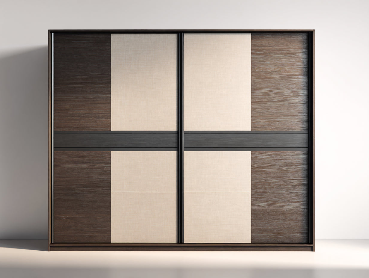Armoire - panneau de bois et façade effet textile - 200x60x210 cm - brun foncé-beige-noir - portes coulissantes pour chambre