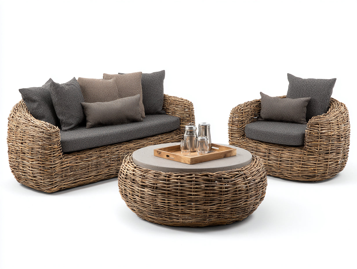 Canapé de jardin 2 places en résine tressée 170x85x78 cm - brun naturel et gris anthracite - avec fauteuil et table basse ronde pour extérieur