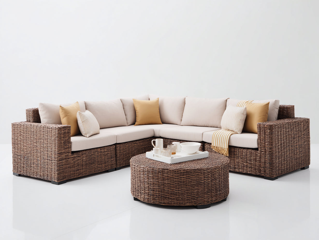 Canapé de jardin en résine tressée 285x285x72 cm - brun-beige - format carré avec table ronde
