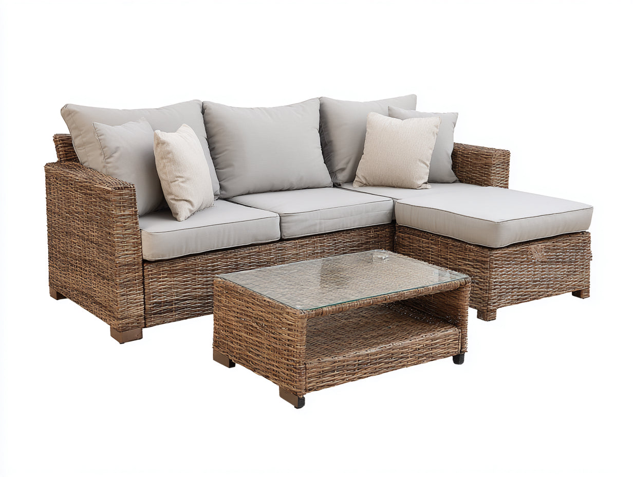 Canapé de jardin - résine tressée et verre - 245x160x78 cm - rotin naturel-beige-transparent - salon d'extérieur avec table basse