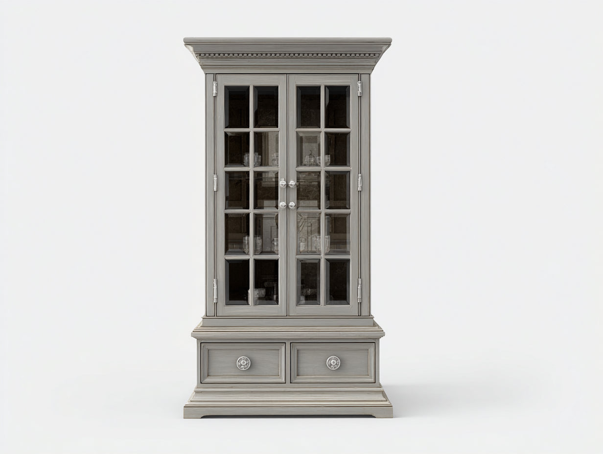 Bibliothèque vitrée 115x45x185 cm - bois gris patiné - 2 portes vitrées et 2 tiroirs