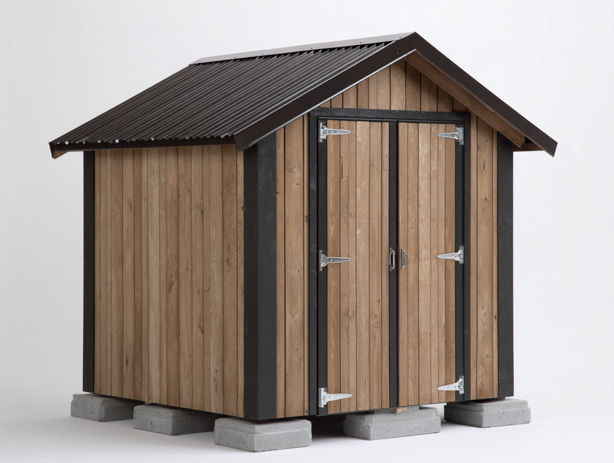 Abri de jardin en bois 240x180x210 cm - bois naturel-noir-gris - toit à deux pans avec double porte