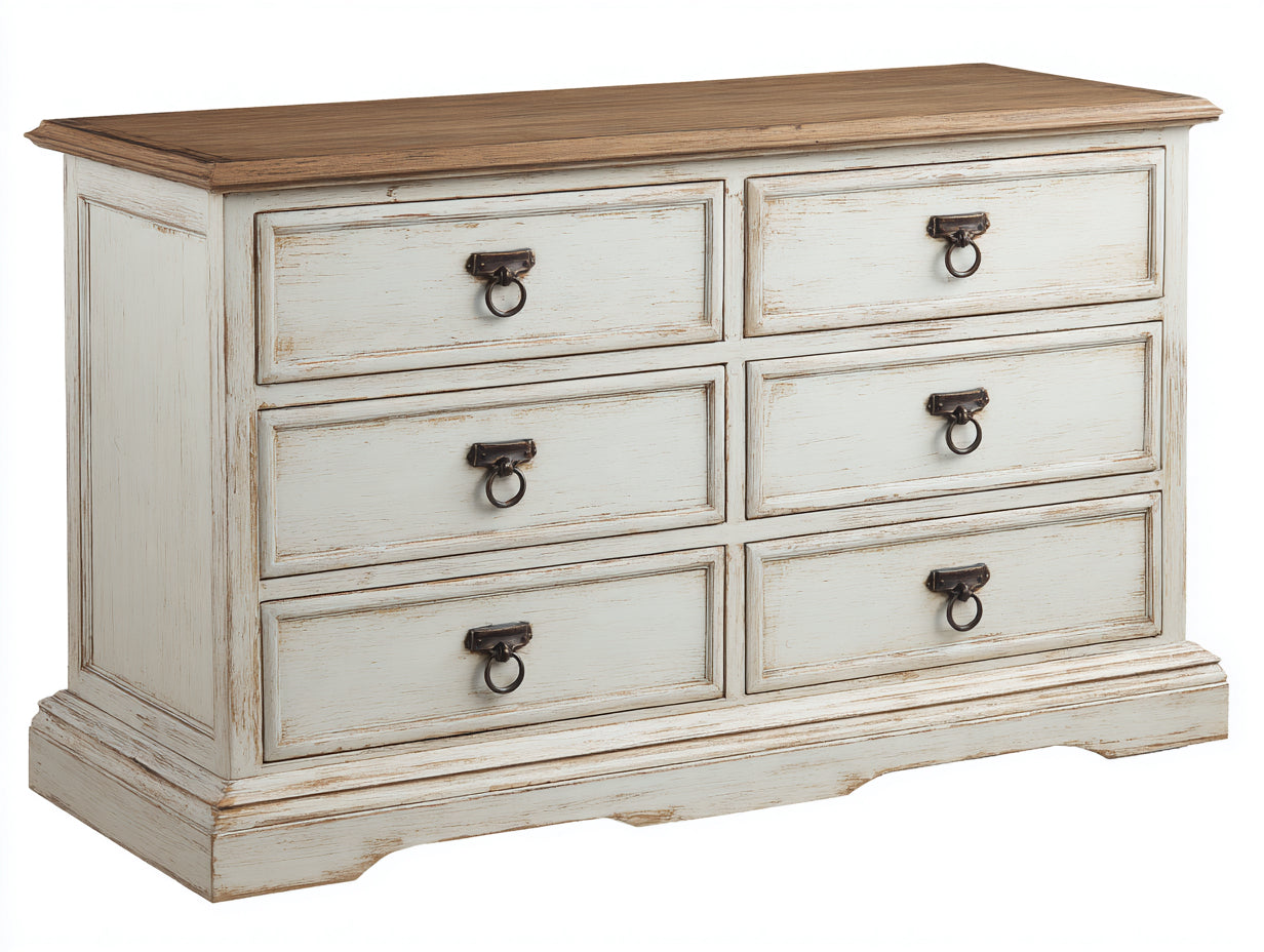 Commode - bois et panneau de bois - 130x46x82 cm - blanc vieilli-bois naturel-bronze - 6 tiroirs pour chambre