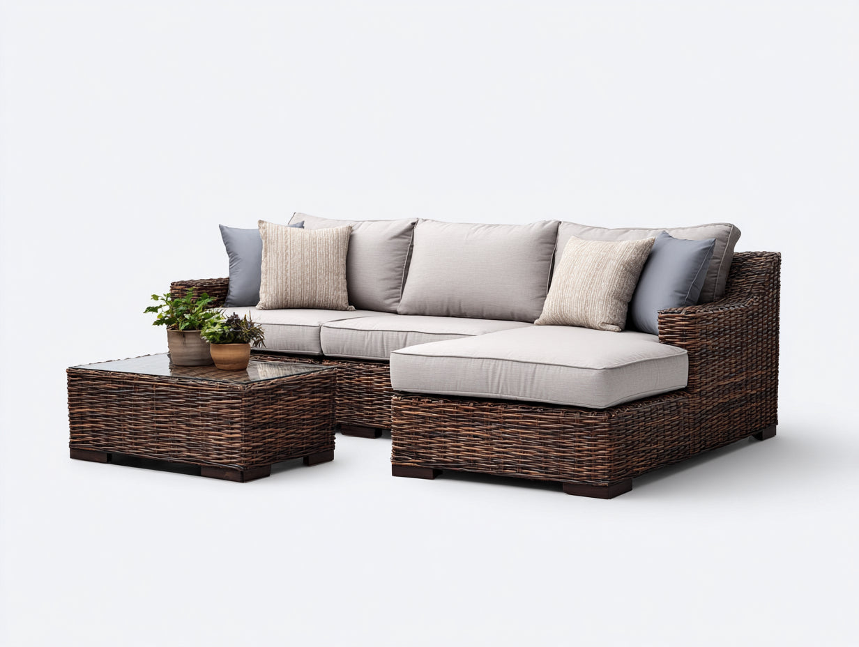 Canapé de jardin d'angle en résine tressée 240x180x75 cm - brun et beige - avec table basse