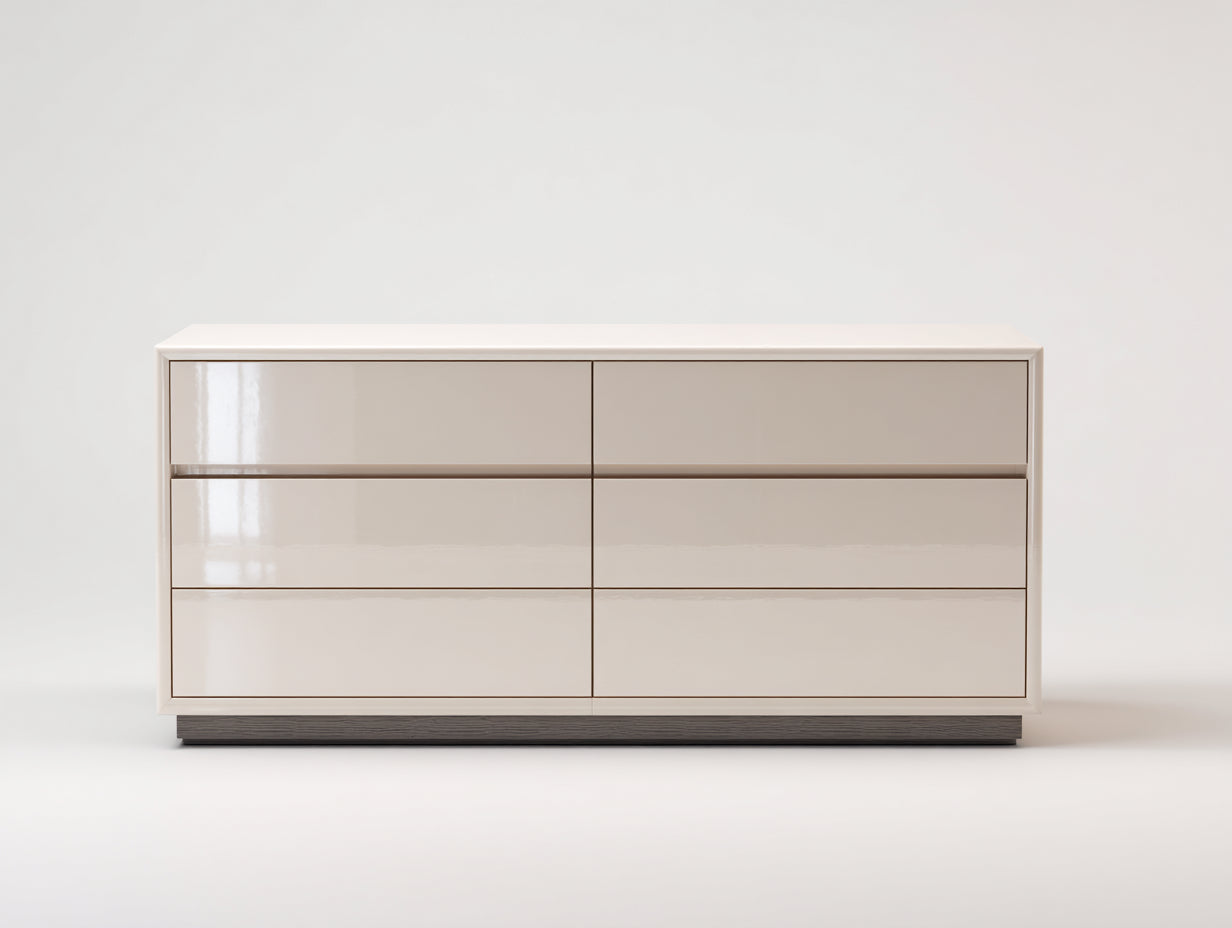 Commode à 6 tiroirs en panneaux de bois 150x45x78 cm - blanc cassé-gris - finition brillante moderne