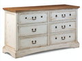Commode 6 tiroirs en bois massif 150x48x90 cm - blanc vieilli et brun - plateau en bois et poignées métalliques style rustique pour chambre