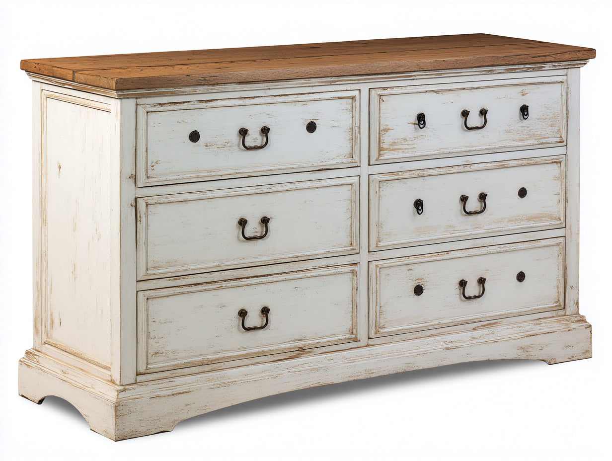 Commode 6 tiroirs en bois massif 150x48x90 cm - blanc vieilli et brun - plateau en bois et poignées métalliques style rustique pour chambre