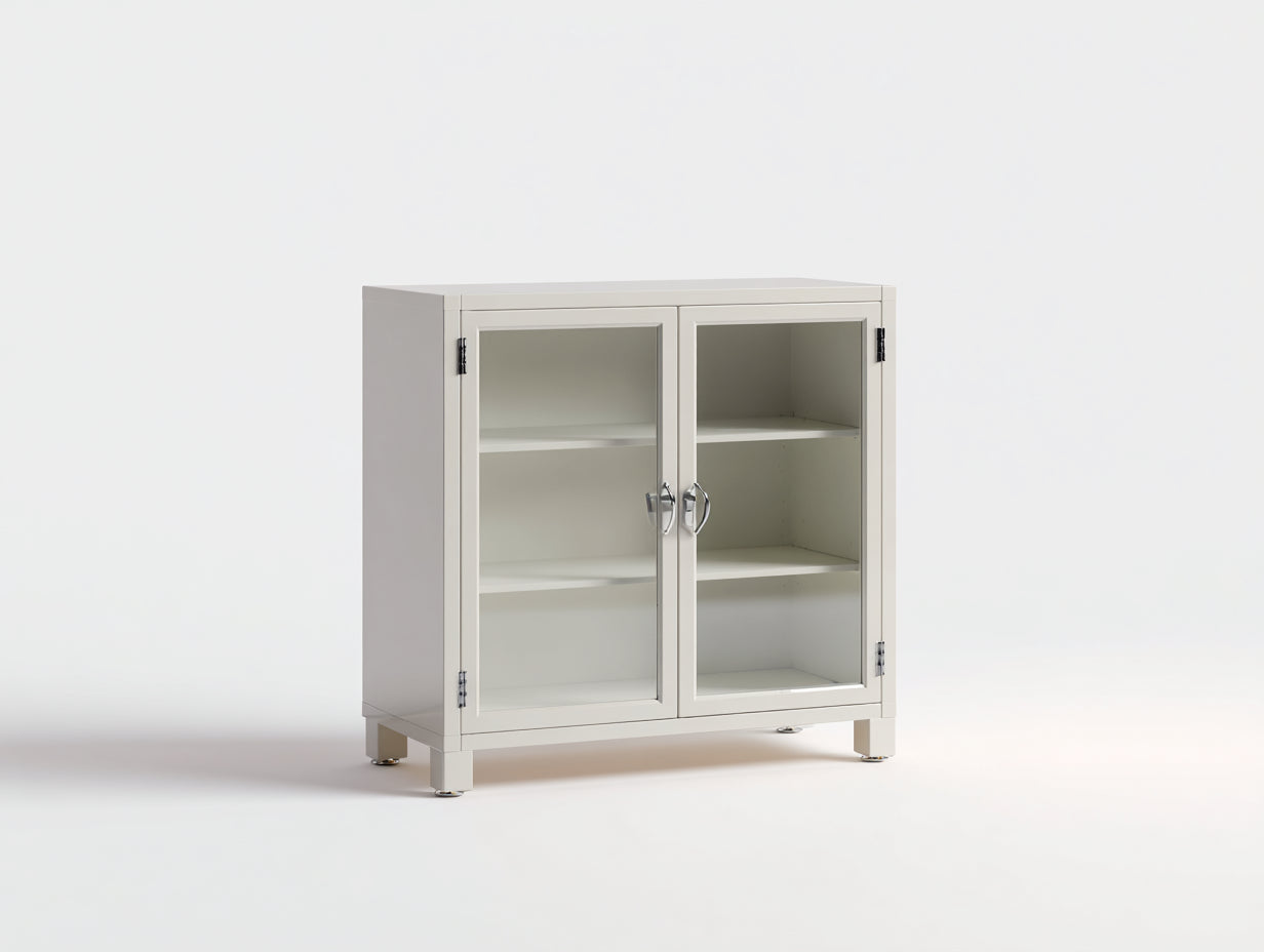 Bibliothèque basse 2 portes vitrées en bois et verre 90x35x95 cm - blanc cassé - style classique