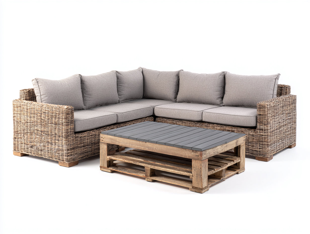 Canapé de jardin d'angle 260x260x68 cm - résine tressée beige et assise grise - avec table basse