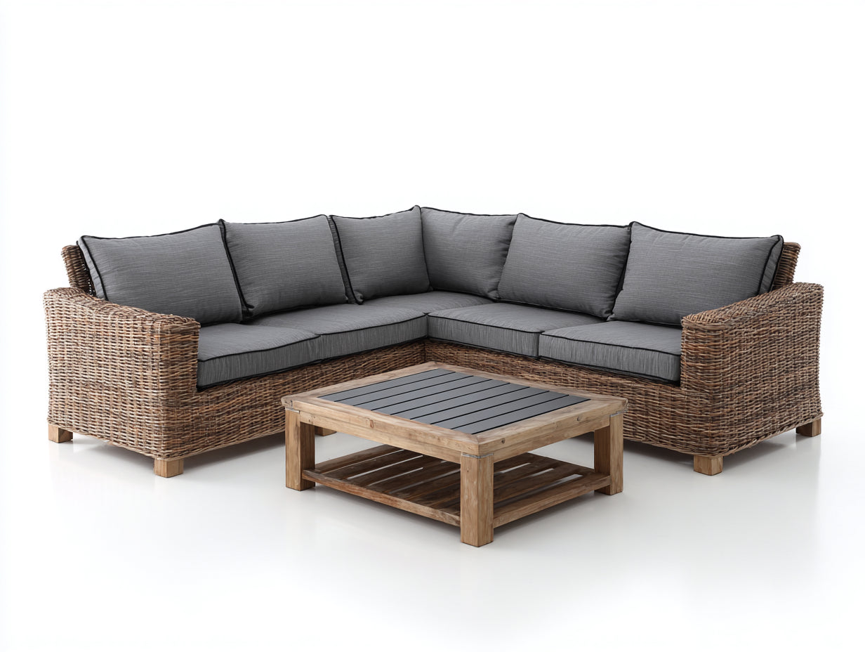 Canapé de jardin d'angle en résine tressée 250x250x75 cm - naturel et gris - avec table basse