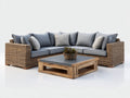 Canapé de jardin - résine tressée et bois - 250x250x78 cm - rotin naturel-gris-bois naturel - format carré avec table basse