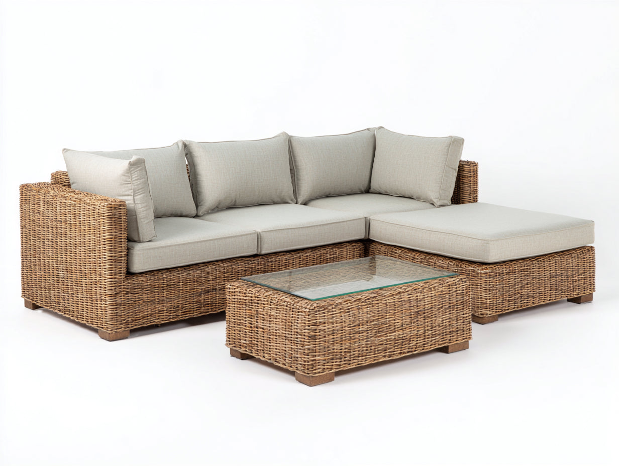 Canapé de jardin d'angle en résine tressée 245x180x68 cm - naturel-beige - avec table basse vitrée