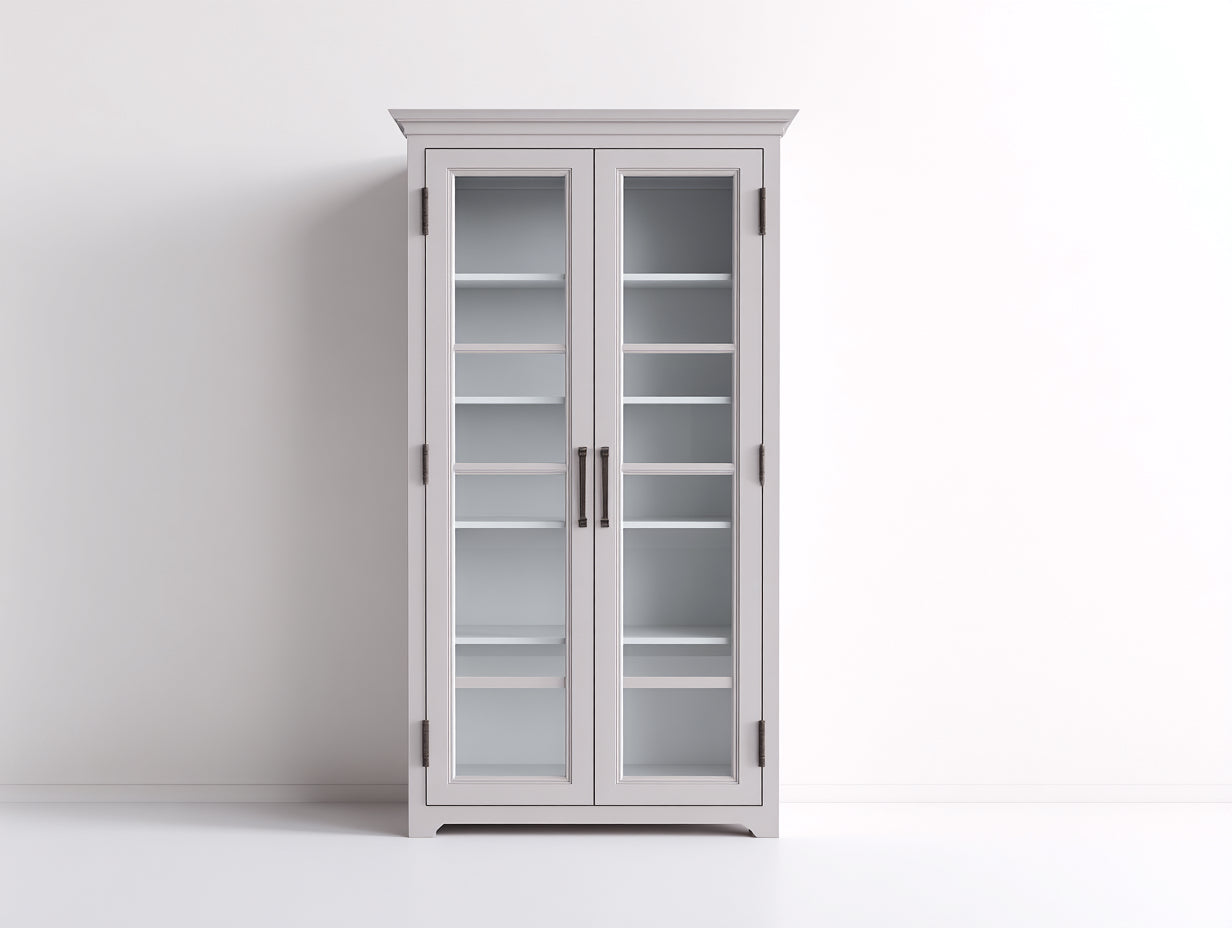 Vitrine 2 portes vitrées en bois d'ingénierie et verre 100x42x190 cm - gris clair - rangement vertical style classique pour cuisine