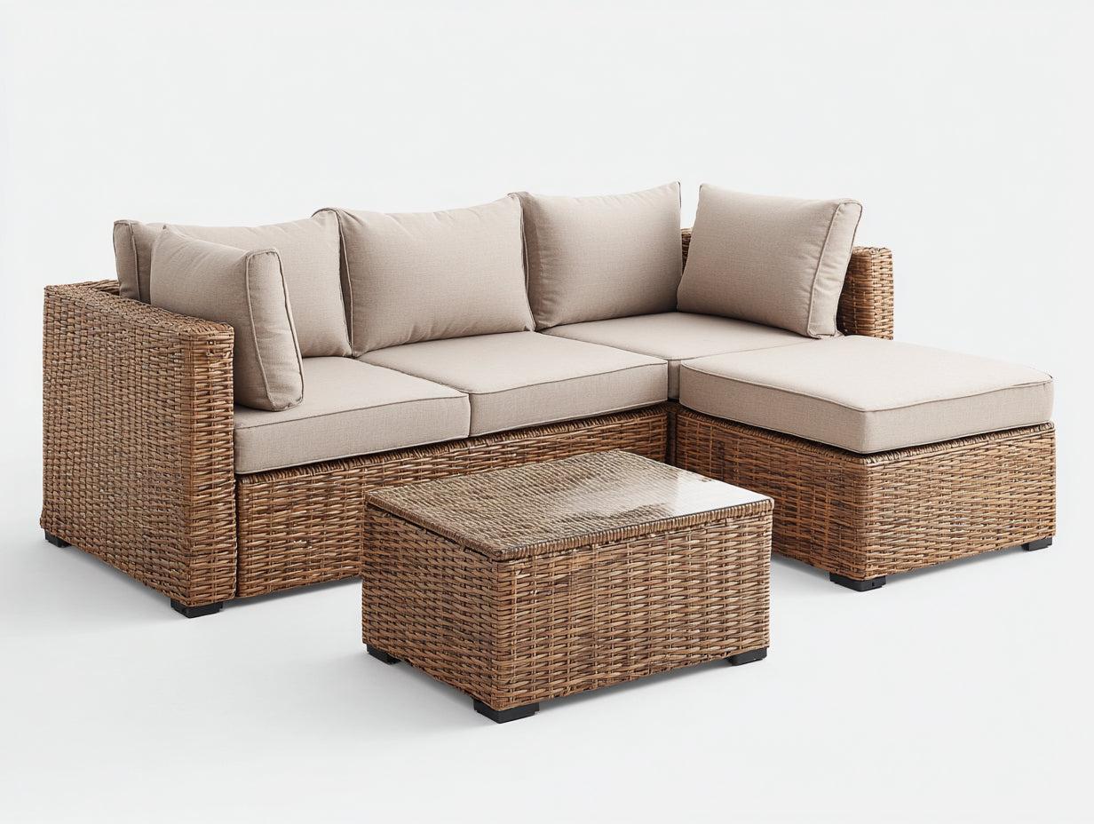 Canapé de jardin d'angle en résine tressée 220x160x78 cm - brun et beige - méridienne avec table basse pour terrasse