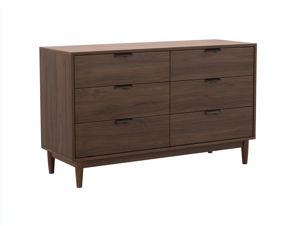 Commode - panneau de bois - 135x45x78 cm - brun noyer-noir - 6 tiroirs pour chambre